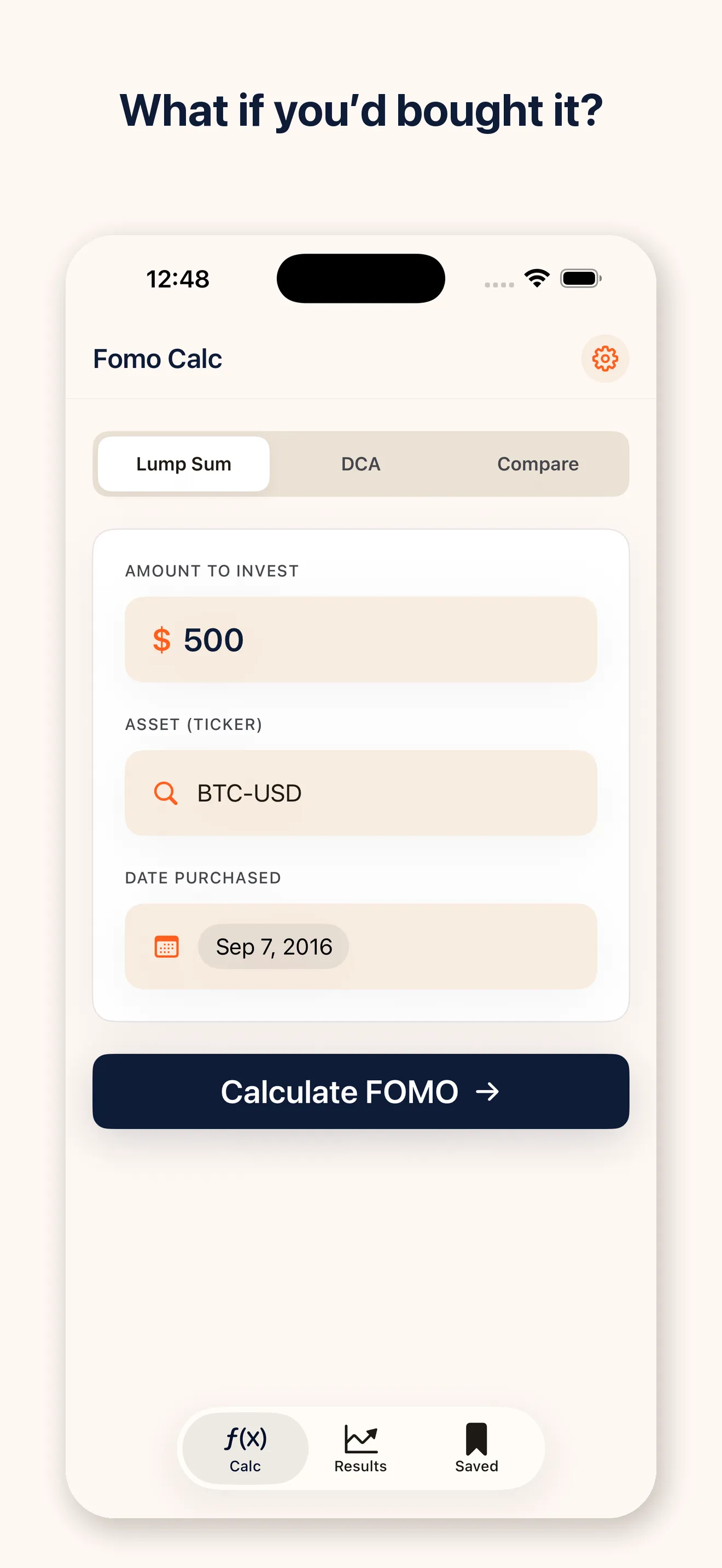 Calculator with a ticker, a date and an amount. Caption: What if you'd bought it?