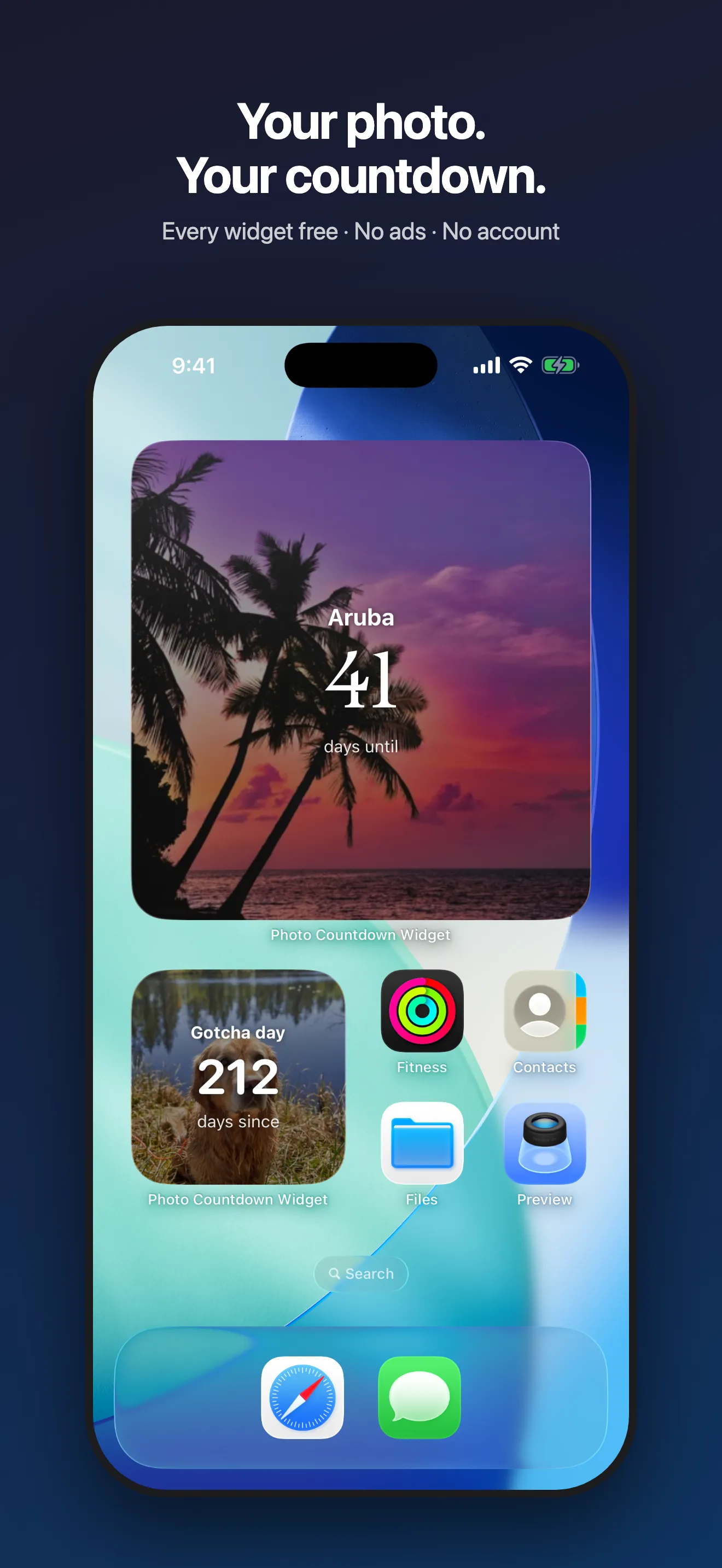 Home Screen with photo countdown widgets. Caption: Your photo. Your countdown. Every widget free, no ads, no account.