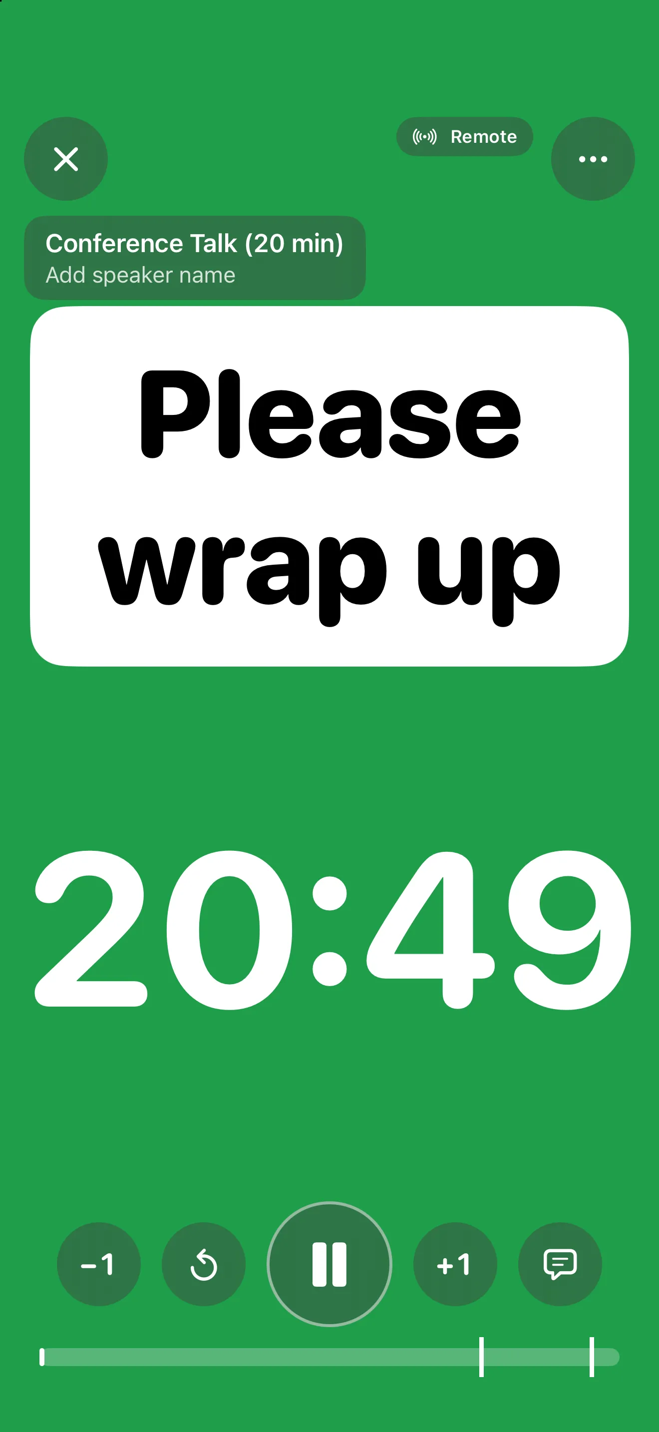 iPhone remote controlling the timer on an iPad: start, pause, add time, next speaker.