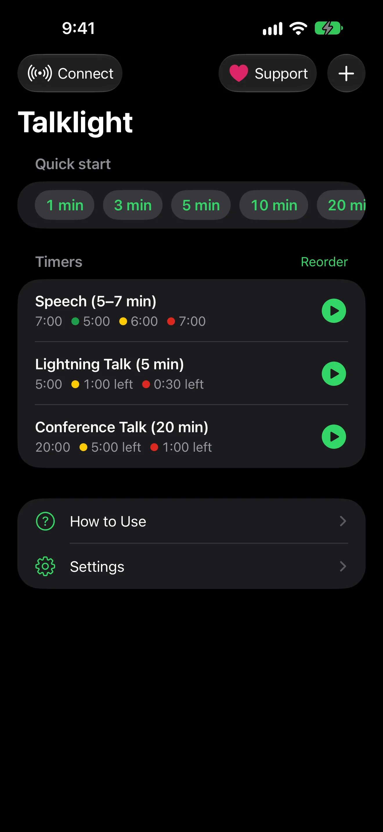 Timer list with a club speech, a lightning talk and a conference talk.
