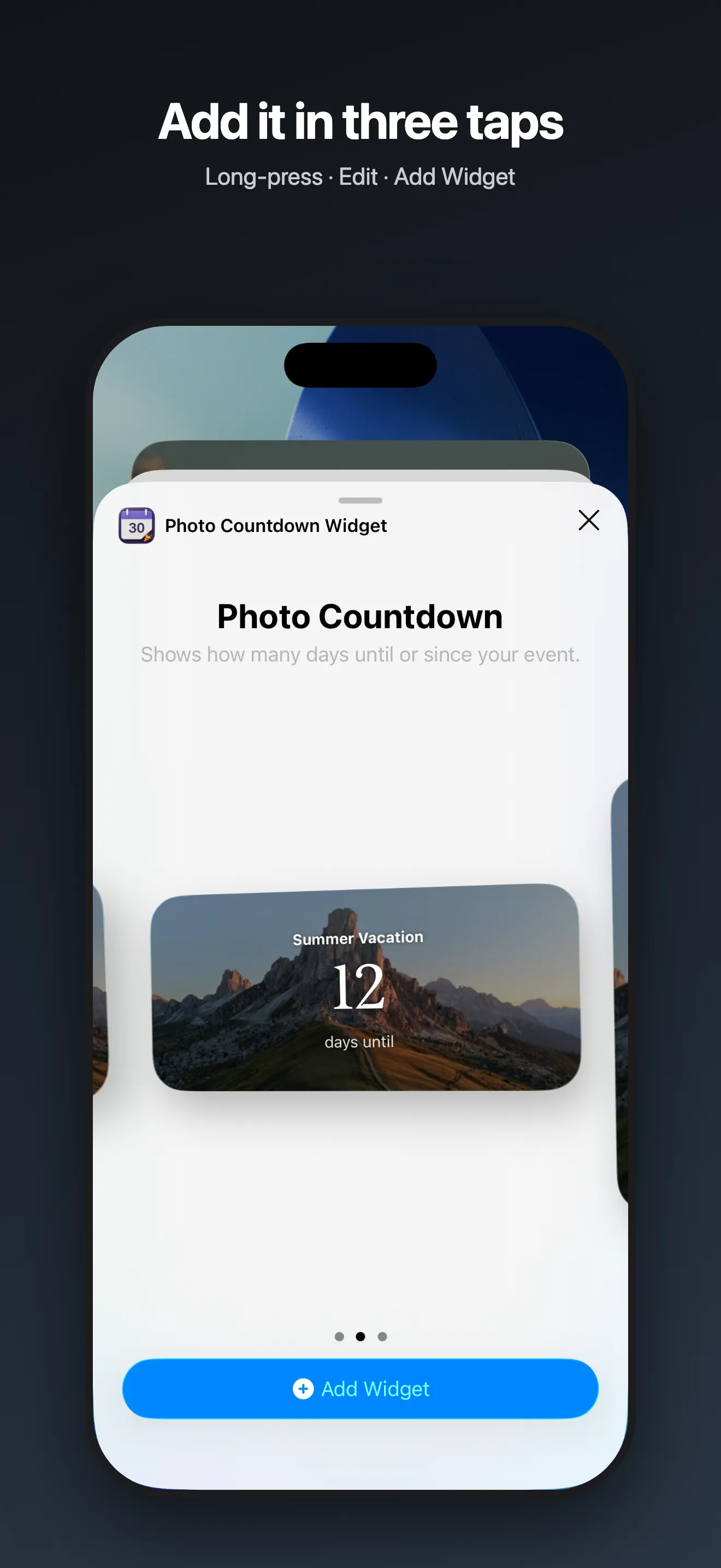 Adding the widget in three taps: long-press, Edit, Add Widget.