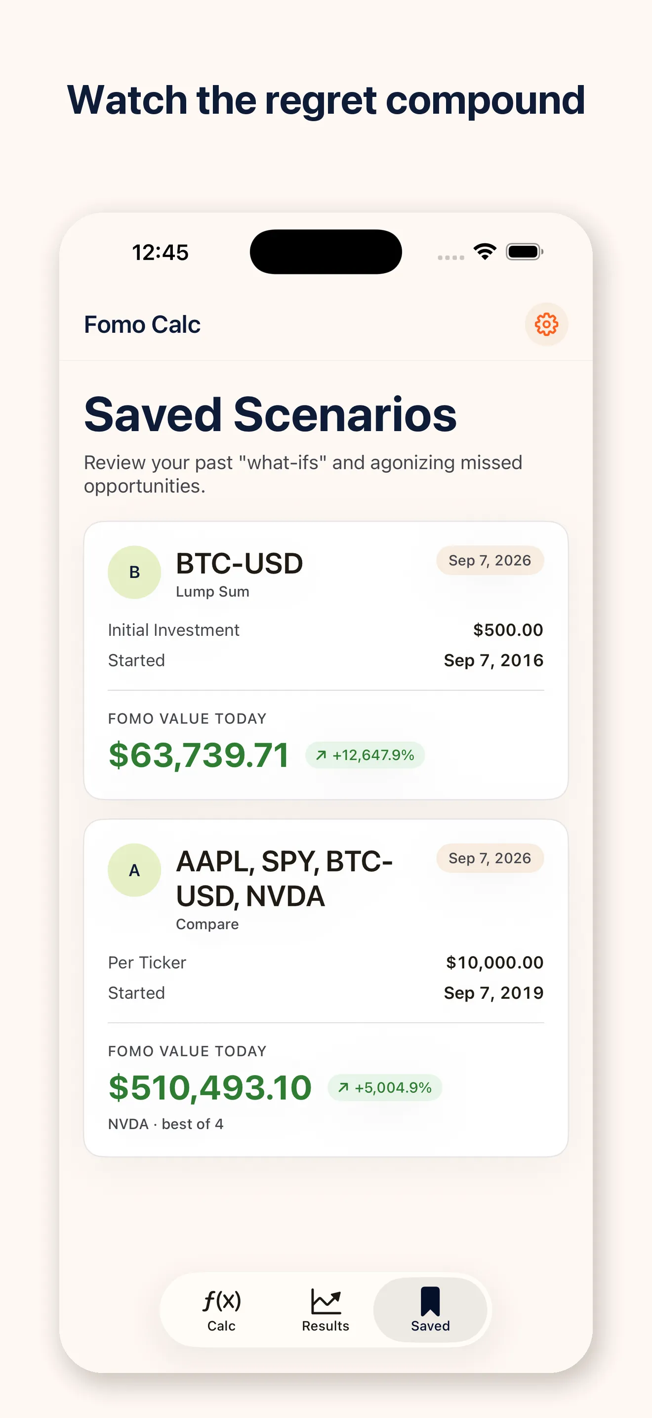 Saved scenarios re-valued at today's prices. Caption: Watch the regret compound.