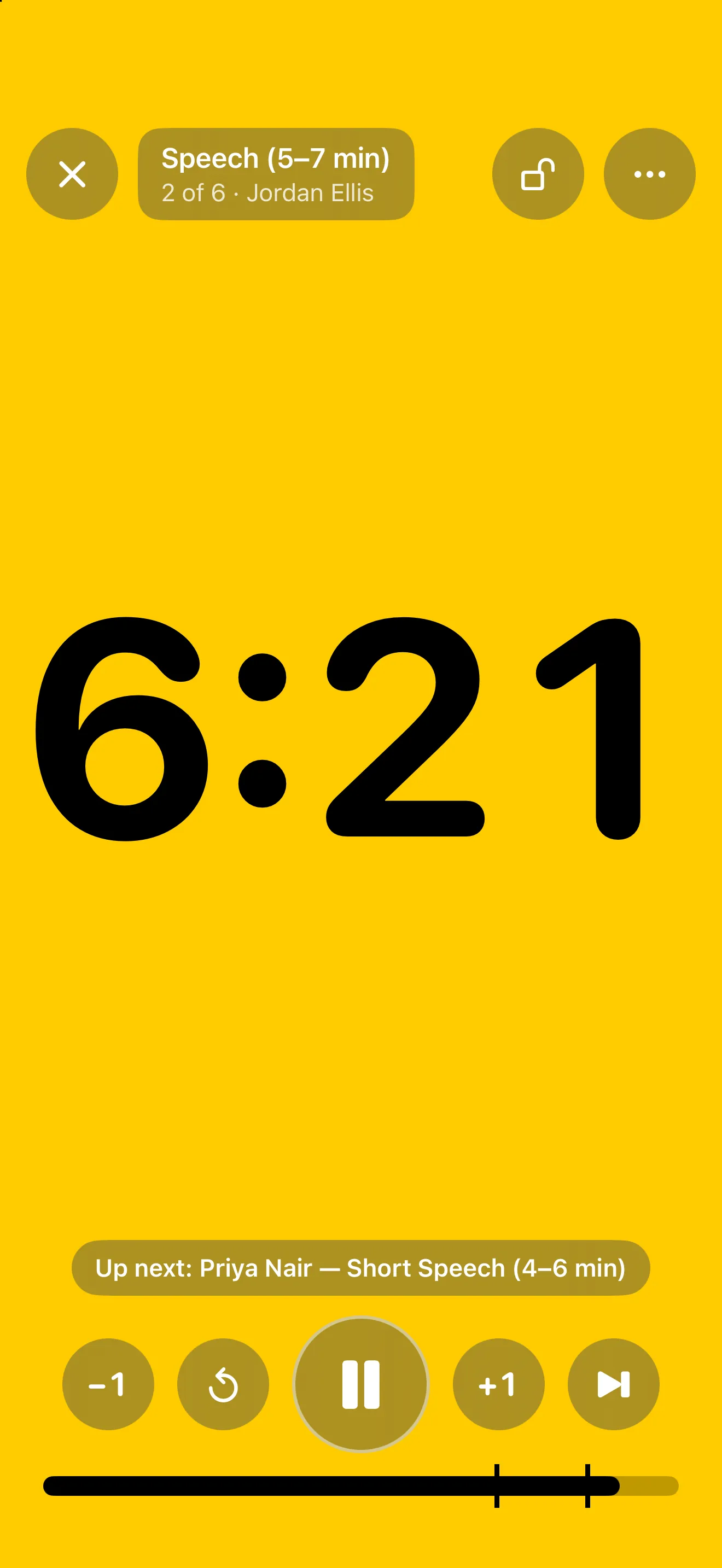 Run of show: a lineup of speakers, each with a timer.